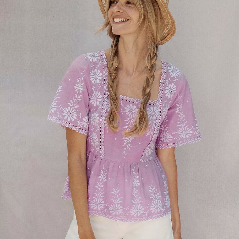 Anthropologie Lavender Pink Embroidered Peplum Blouse